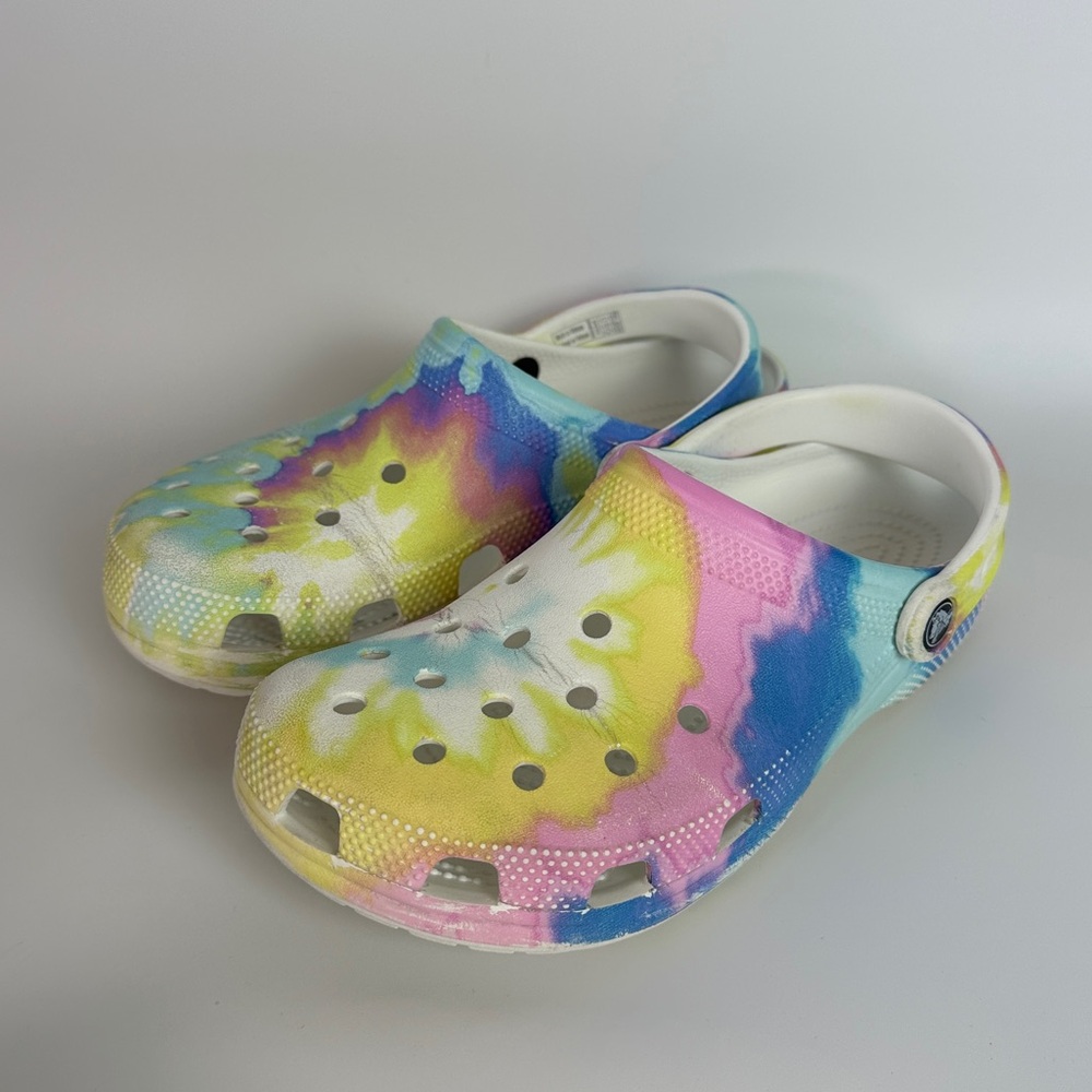 CROCS Tie-Dye Classic Clogs in Pastel Yellow, Pink, Blue